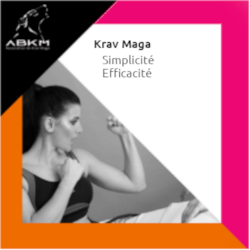 image avec logo de l'association en haut à gauche sous la forme d'un loup stylisé. femme en self-défense et texte indiquant Krav Maga simplicité efficacité